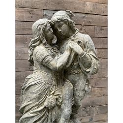Romeo & Juliet - cast stone garden figure raised on circular fluted column - THIS LOT IS TO BE COLLECTED BY APPOINTMENT FROM DUGGLEBY STORAGE, GREAT HILL, EASTFIELD, SCARBOROUGH, YO11 3TX