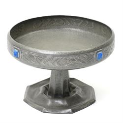 Early 20th century Arts & Crafts fruit dish by Walter Somerfield of the Leicester Art School, H16.5cm; silver plated tea service with trailing floral decoration, and various other hammered pewter items (8)