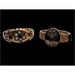 Two 19th century 9ct gold rings, including mourning ring with black enamel and seed pearl ...