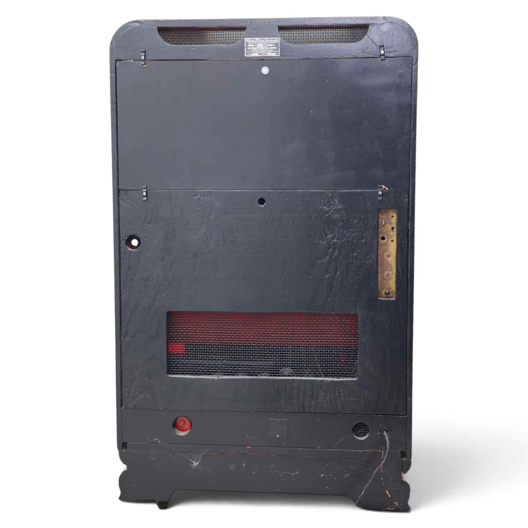 Rudolf Wurlitzer Company - Model 616 'Simplex' 1937 jukebox, figured walnut veneered cabinet with illuminated red and amber side panels enclosed by chromed uprights, glazed upper record compartment, cast Art Deco speaker grille, coin-operated push-button selection panel with circular title index, raised on a moulded base
