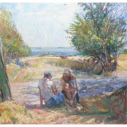 John Gilbey Bowles (British 1929-2011): The Conversation - Summer 'Landscape with Figures' , oil on canvas signed, inscribed and dated 1977 verso 92cm x 97cm
Notes: this scene depicts Bowles' wife Daphne and their friend Edna.