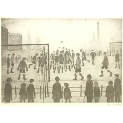  Laurence Stephen Lowry RA (Northern British 1887-1976): 'The Football Match', limited edition monochrome lithograph with blind stamp signed and numbered 464/850 in pencil 27cm x 37cm Provenance: with Charles Nicholls & Son, Royal Exchange Galleries, Manchester - original receipt dated Sept. 1st 1973 verso  DDS - Artist's resale rights may apply to this lot    