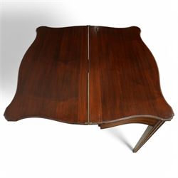 Georgian mahogany fold-over serpentine tea table, shaped rectangular top with drop leaves, fitted single drawer with brass handle, on squared tapering supports

Extended depth 90cm