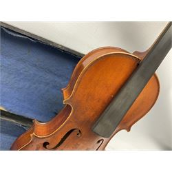 French Medio Fino three-quarter size violin for completion c1900 with 33cm two-piece maple back and ribs and spruce top, bears label 'Medio Fino' L54.5cm; in ebonised wooden coffin carrying case