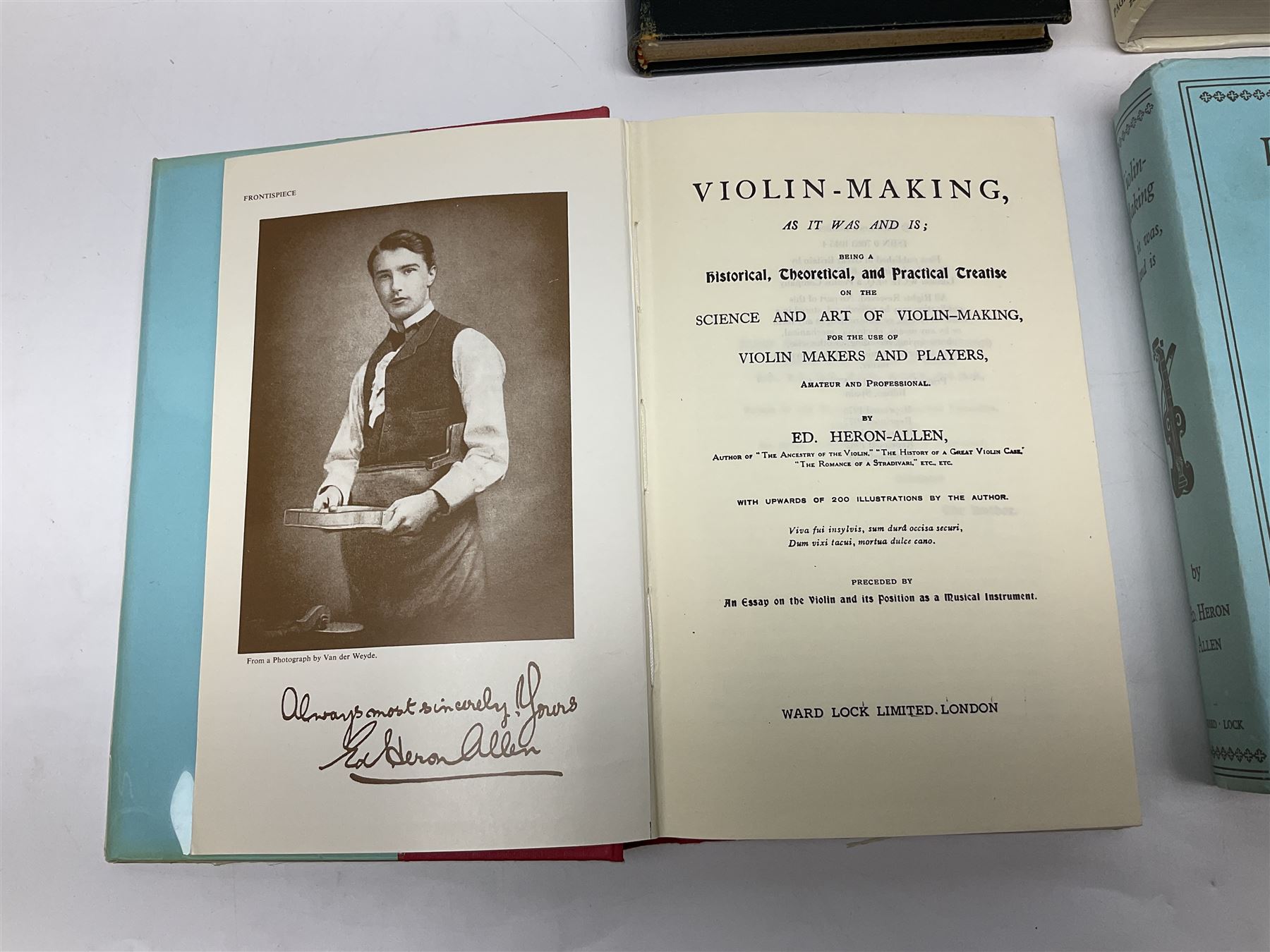 Fourteen books on violins and violin makers including Henley William: Universal Dictionary of Violin and Bow Makers. Five volumes. 1959/60. All first editions with dustjackets; Jalovec Karel: Encyclopaedia of Violin Makers. Two volumes. 1968. Vol.1 with d/j; Heron-Allen Ed.: Violin making As It Was, And Is. Two copies 1984 & 1991. Both with d/j; Henley W.: Antonio Stradivari. 1961; Fetis F.J.: Anthony Stradivari Celebrated Violin Maker. 1964 facsimile edition; Boyden David D.: catalogue of the Hill Collection of Musical Instruments in the Ashmolean Museum. 1979; and two others (14)