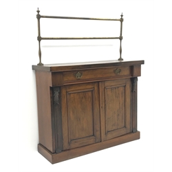  Victorian rosewood chiffonier, raised brass rail, single drawer above two cupboards, W104cm, H136cm, D38cm  