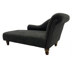 Chaise Longue Company - chaise longue upholstered in dark upholstery, right-hand scrolling arm and shaped back, on turned feet