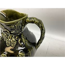 Three jardinières comprising West German Gerz example decorated in relief, Doulton Slaters example with frilled everted rim and a majolica example, and a further two Arthur Wood majolica jugs (5)