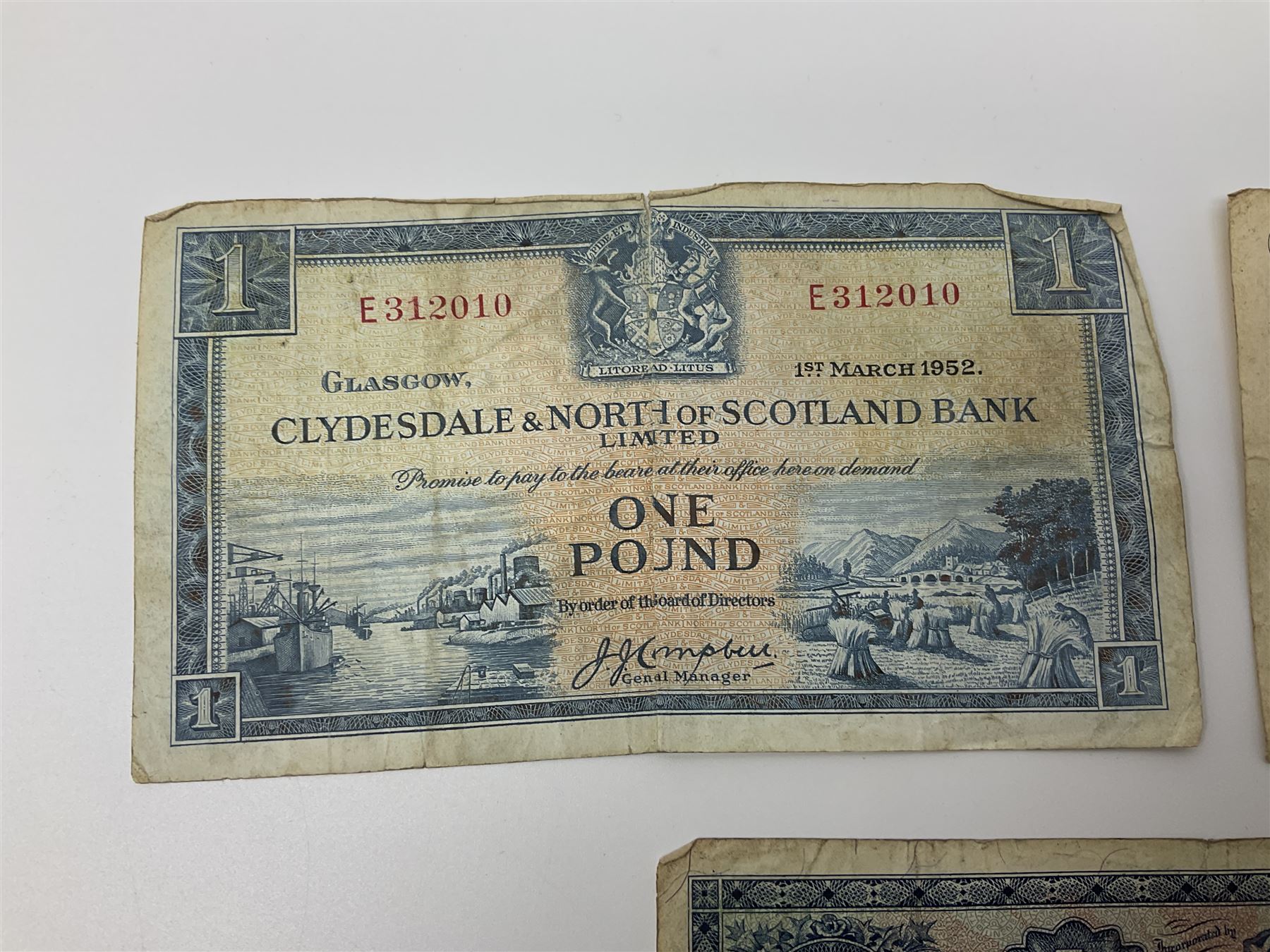 Glasgow, Clydesdale and North of Scotland Bank Limited one pound banknote 1st March 1952 ‘E312010’, The National Bank of Scotland Limited one pound 1st October 1954 ‘B/K 997-929’ and Edinburgh The British Linen Bank one pound 9th August 1955 ‘Y/2 026919’