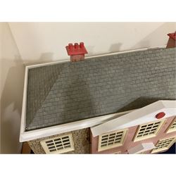 Modern scratch-built Palladian style wooden dolls  house as a 19th century double fronted two-storey property with simulated brick and stone walls under a removable simulated slate hipped roof; the triple hinged front elevation opening to reveal six rooms with central hall, stairs and landing L94cm H56cm D40cm