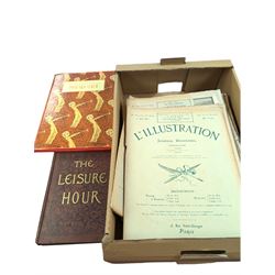 Collection of French L'Illustration Journal Universel magazines, a modern postcard album and The Leisure Hour