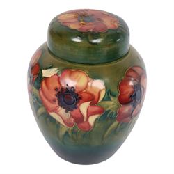 Moorcroft Anemone pattern ginger jar, together with Leave and Berry pattern plate, both with impressed marks beneath, ginger jar H16cm