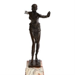 After Demétre Haralamb Chiparus (Romanian 1886-1947): Art Deco style bronze figure modelled as a dancer with outstretched arms, signed to the stepped bronze base and also bearing foundry stamp, upon a tapering marble plinth, overall H49cm
