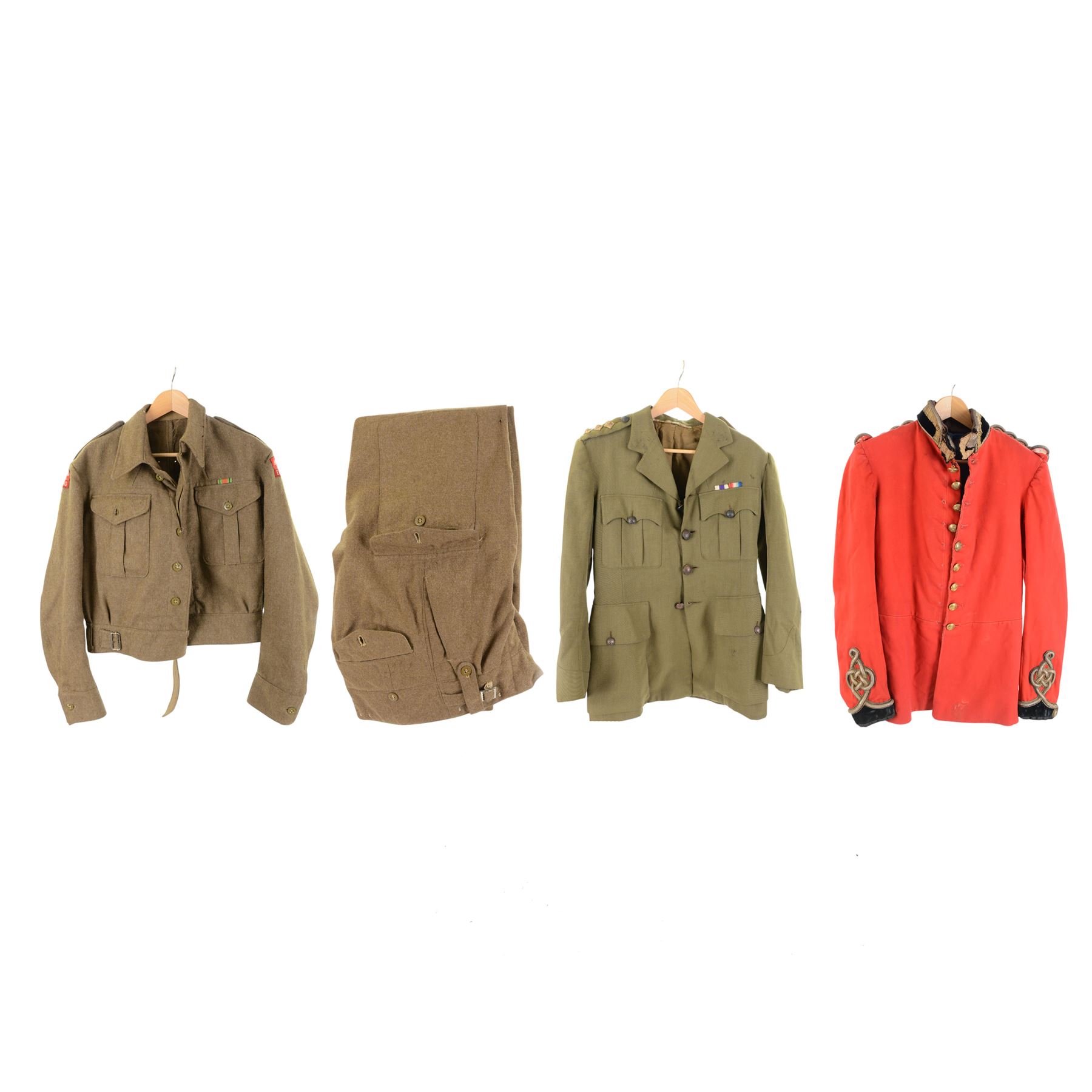 British military Royal Engineers tunic with with applied bullion thread embellishment and black accents on cuffs and collar, together with reenactment uniform for the East Riding home guard  