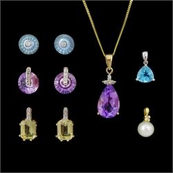 Gold csarite and diamond earrings and a gold pearl and diamond pendant, both 18ct and a co...