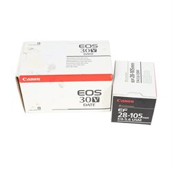 Canon EOS 30V Date 35mm film SLR camera body, serial no. 2189001422, with a Canon Ultrasonic EF 28-105mm f/4-5.6 USM lens, both boxed