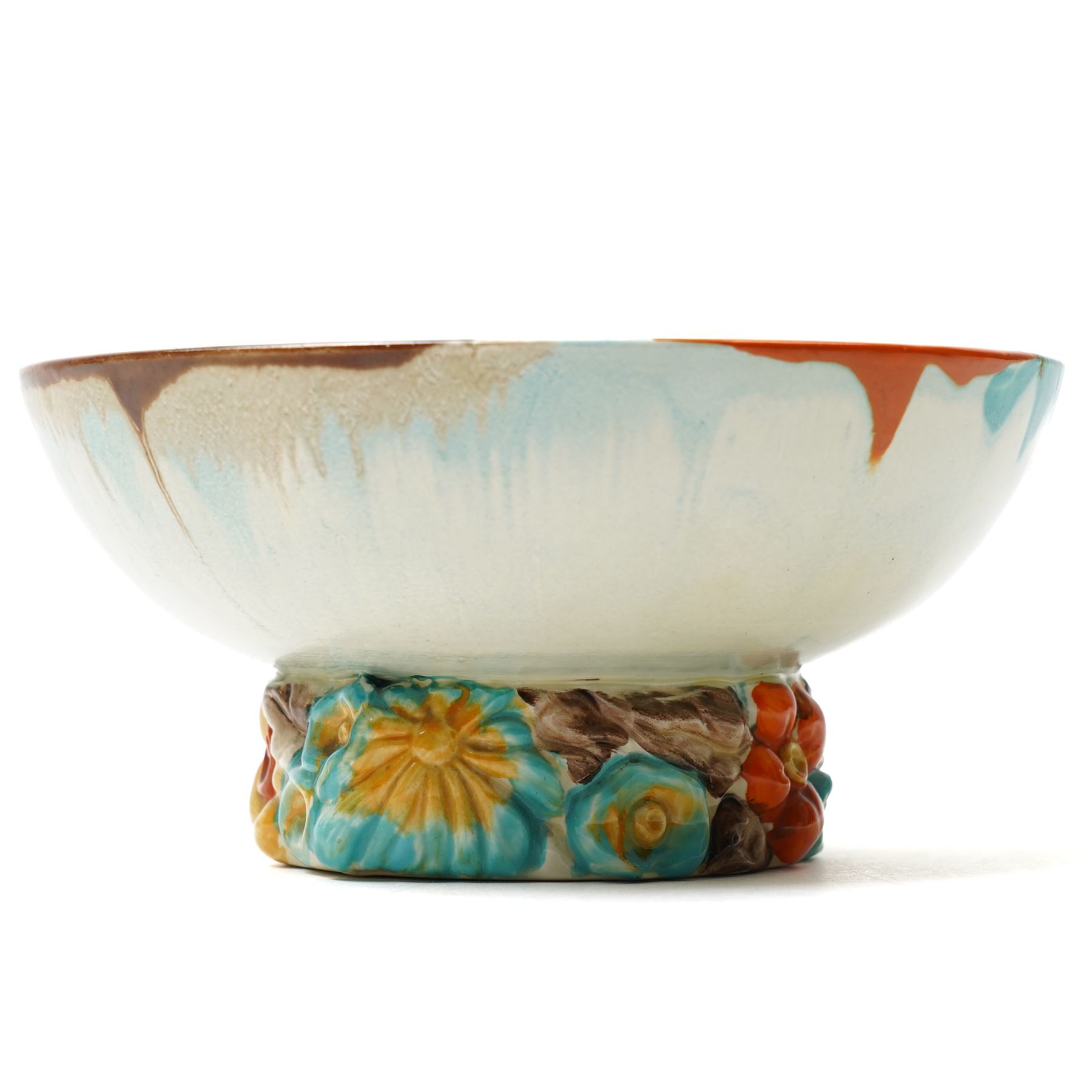 Clarice Cliff drip ware bowl, the pedestal with moulded flowers, bizarre mark to base, H8cm