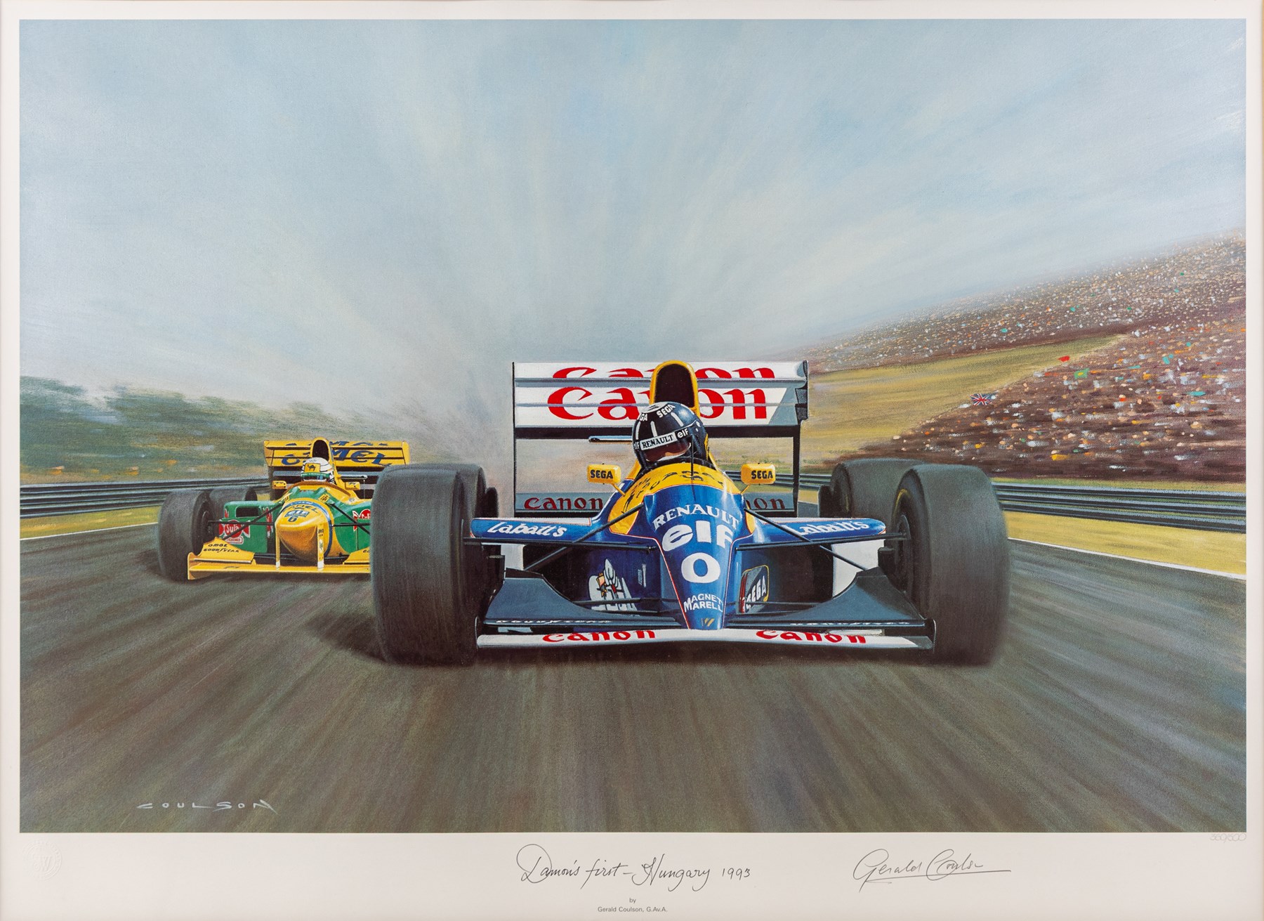 After Gerald Davison Coulson (British 1926-2012): ‘The Flying Scotsman’ and ‘Damon’s First – Hungary 1993’, together with Alan Fearnley (Yorkshire 1942-): ‘Alan Jones’ and Tony Smith (British 20th Century): ‘Damon’s Dream’, set of four limited edition Formula 1 themed prints signed and two signed by drivers David Coulthard and Alan Jones in pencil max 40cm x 61cm (4)