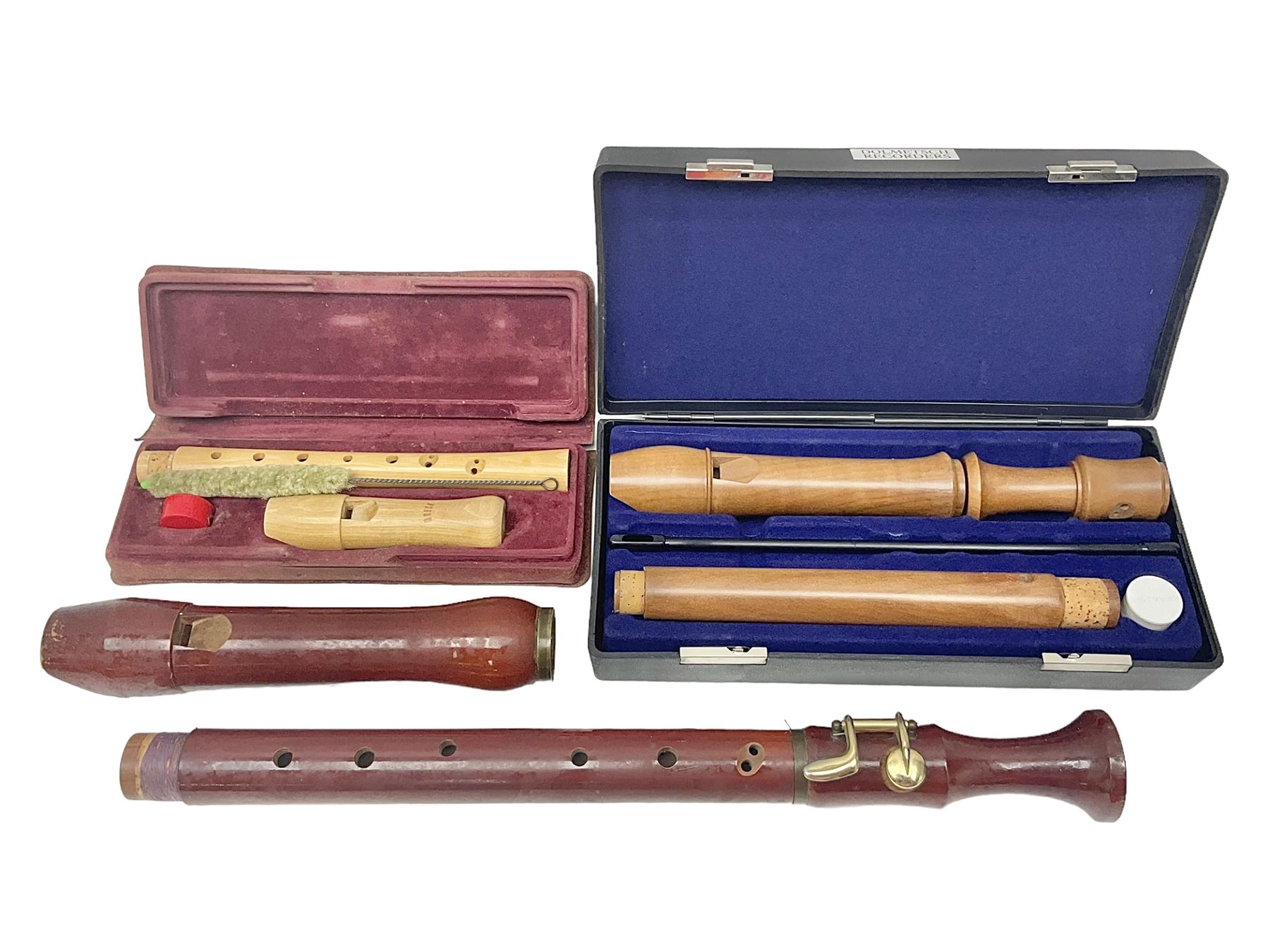 Three wooden recorders - 1970s Schotts 'Concert' three-piece tenor; 1990s Dolmetsch treble, cased; and 1980s Moech descant, cased (3)