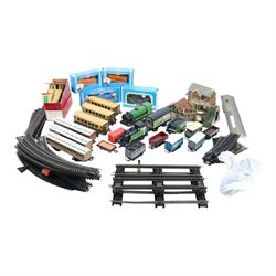 Collection of model railway locomotives, track and accessories, including Mettoy tin plate...