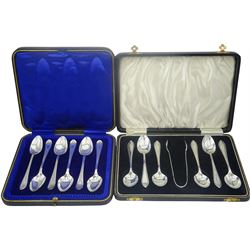 Late 20th century set of six silver teaspoons with foliate engraved stems and terminals, hallmarked Cooper Brothers & Sons Ltd, Sheffield 1997, contained within a fitted case with blue silk and velvet lined interior, together with a 1930's set of six silver teaspoons and sugar tongs with bead and dart edge, hallmarked Arthur Price & Co Ltd, Birmingham 1937, contained within a fitted case, approximate total silver weight 6.46 ozt (201 grams)
