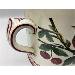Large 20th century Wemyss style pottery tyg, painted with birds upon fruiting cherry tree branches, with red line borders, H19.5cm D20cm
