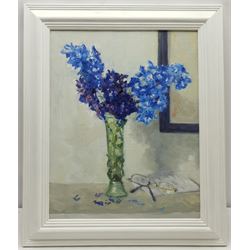 Catherine Tyler (British 1949-): Delphiniums, oil on panel, inscribed and titled verso 49cm x 39cm