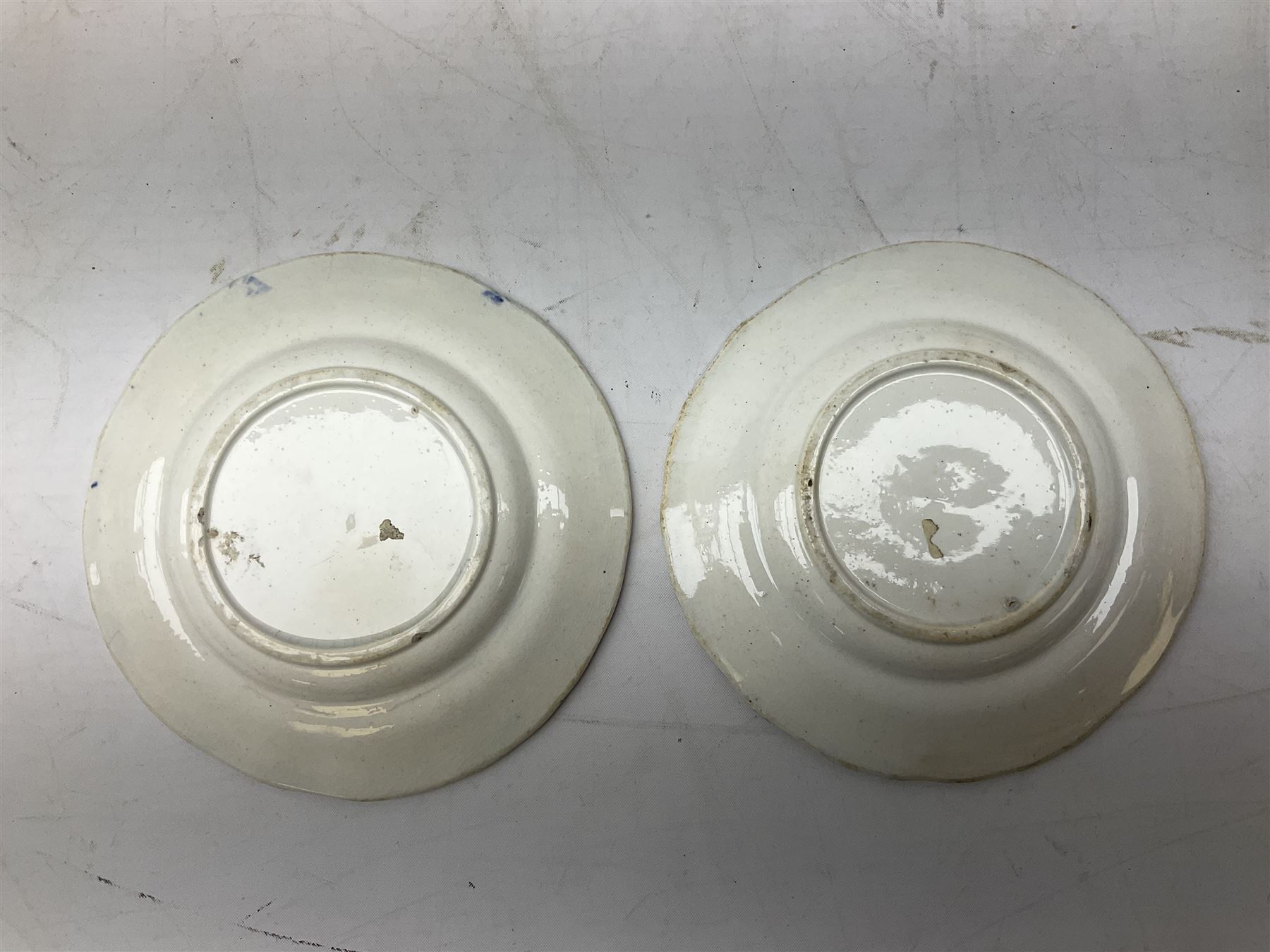 Mid 18th century Chelsea plate with gold anchor mark beneath, decorated with green floral sprays upon plain ground, the moulded cavetto shaped border with gilt rim, (A/F), D22cm, together with early 20th century Adams Tunstall Tokio pearlware slop bowl, Spode plate decorated in the Imari type pallette, with impressed and printed marks beneath, 19th century Indian Tree pattern breakfast cup and saucer, small polychrome enamelled vase and cover in the style of Samson of Paris, with marks beneath, and a pastille burner