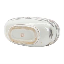 Chinese Republic period porcelain moon flask vase, of typical compressed spherical form, the neck and shoulders with applied iron red dragon handles, the body decorated in iron-red and grisaille with a 'one hundred children' design, depicting various children at play and engaged in musical pursuits within a garden setting, with apocryphal Qianlong mark beneath, H47cm