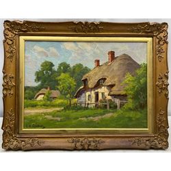 Sidney Valentine Gardner (Staithes Group 1869-1957): The Thatched Cottage, oil on canvas laid on to board signed 24cm x 34cm