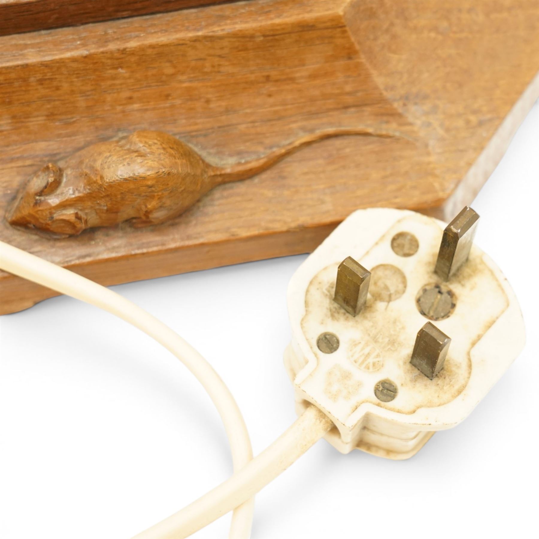 Mouseman - mid-20th century oak standard lamp, octagonal turned column, with faceted stepped base, with carved mouse signature, by the workshop of Robert Thompson of Kilburn