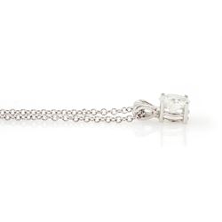 18ct white gold diamond pendant necklace, set with a single round brilliant cut diamond of approx 1.35 carat, on a fine belcher link chain necklace