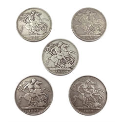 Five Queen Victoria crown coins, 1889, 1890, 1892, 1893 and 1900