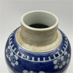 Late 19th century Chinese blue and white jar and cover, of slender ovoid form with domed cover, decorated with two reserves containing figures, against a prunus blossom ground, with Kangxi type mark beneath, H27.5cm
