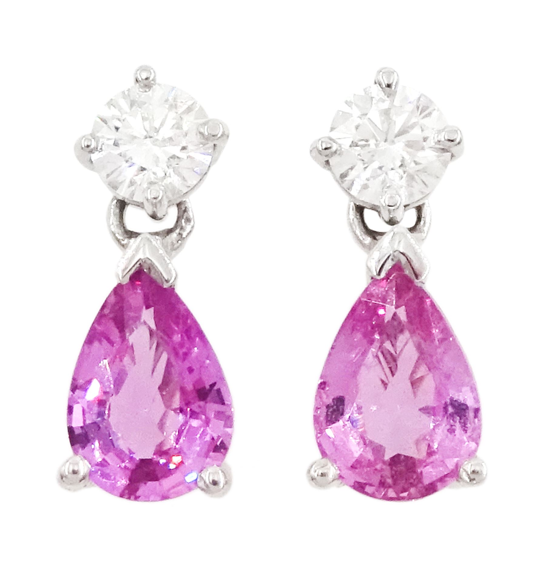 Pair of 18ct white gold pear cut pink sapphire and round brilliant cut diamond pendant stud earrings, London 2004, total sapphire weight approx 1.40 carat, total diamond weight approx 0.40 carat