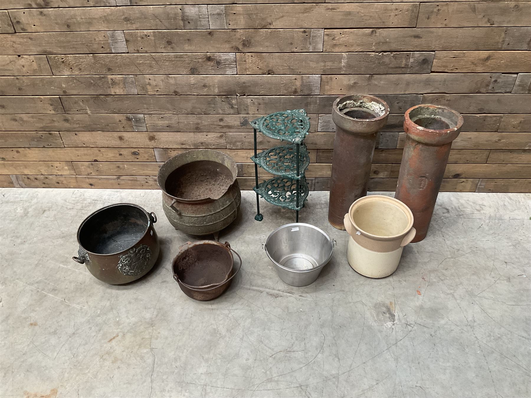 3 cauldron set pots with 2 terracotta chimney pots, 1 terracotta crock, metal bucket and small cast iron shelf 