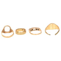 9ct gold rings, including wedding band, two shanks and a stone set ring, together with two 9ct gold stone set stick pins, silver horseshoe stick pin and a piece of silver solder
