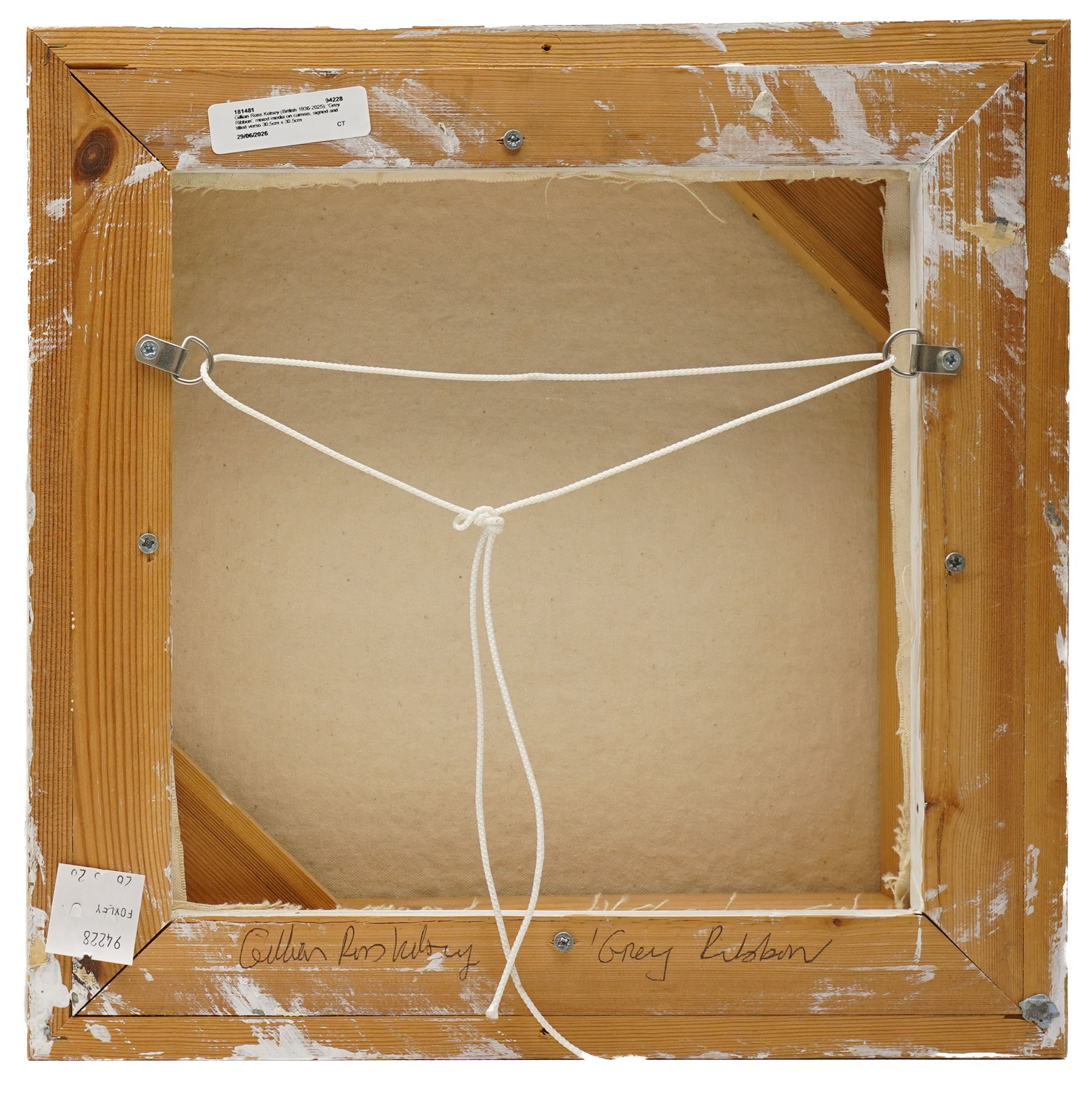Gillian Ross Kelsey (British 1935-2025): 'Grey Ribbon', mixed media on canvas, signed and titled verso 30.5cm x 30.5cm