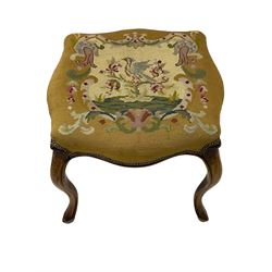 20th century mahogany rectangular footstool, needlework upholstered drop-in seat, on ball and claw carved feet (W81cm, D35cm, H34cm); 19th century elm stool, needlework upholstered drop-in seat, on square moulded supports united by plain stretchers (W45cm); 19th century walnut stool, shaped top upholstered in needlework, on cabriole supports (W50cm); 19th century rosewood stool, upholstered drop-in seat, on curved x-framed supports united by turned stretcher (W47cm)