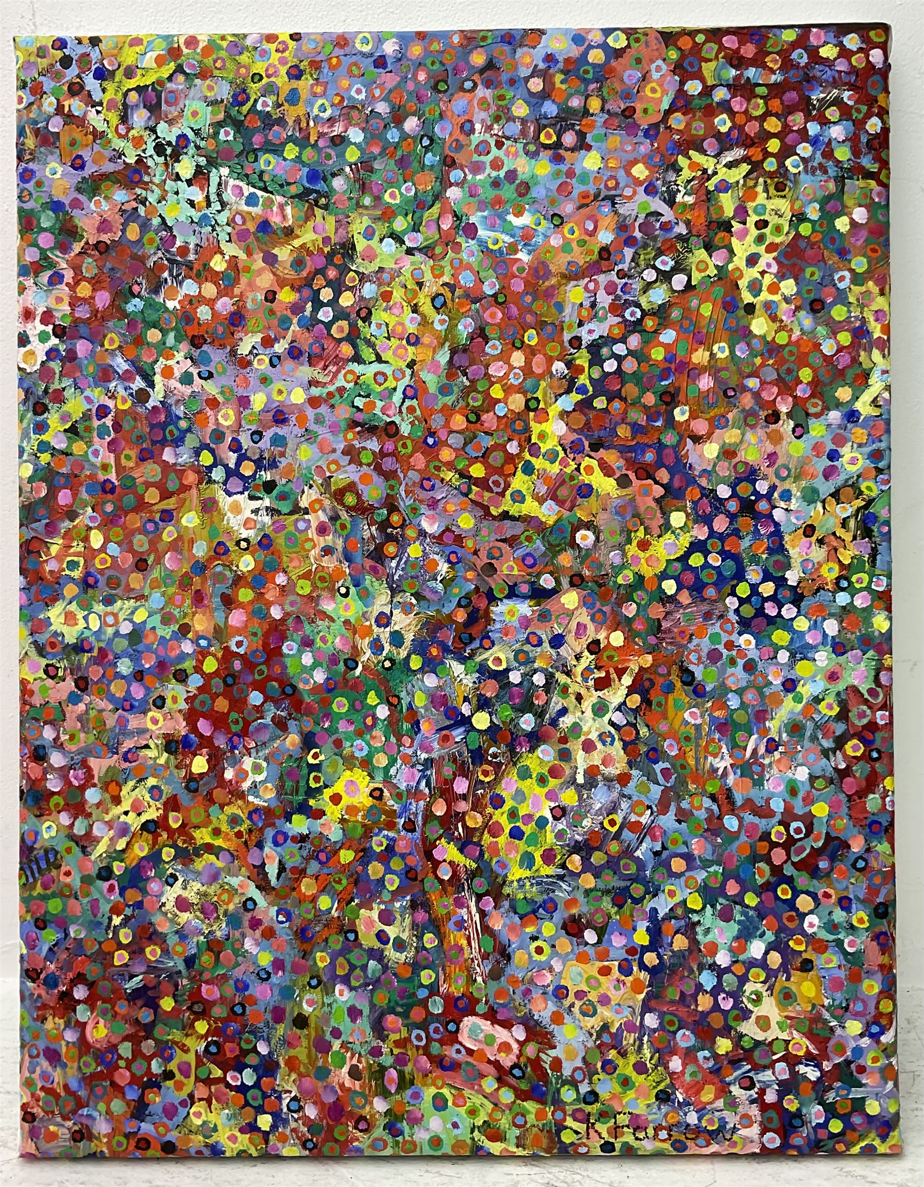 Kieron Farrow (British 1949-): ‘Rose Coral’, oil on linen signed, titled and dated 2000 verso 91 x 71cm (unframed)