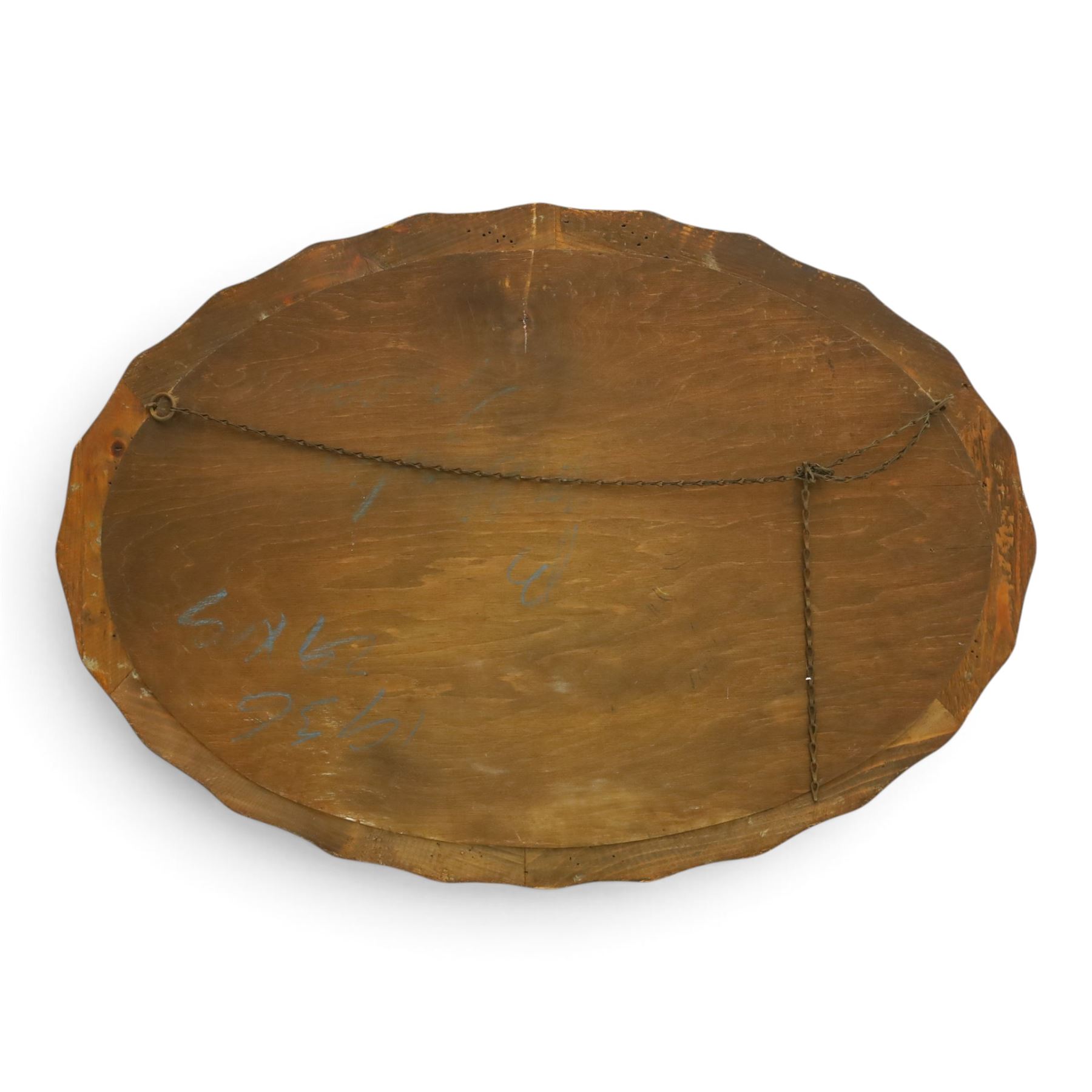 Oval wall mirror, shaped frame with bevelled plate 