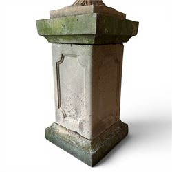 Cast stone five sectional urn on plinth, squat leaf and petal design urn on square base
