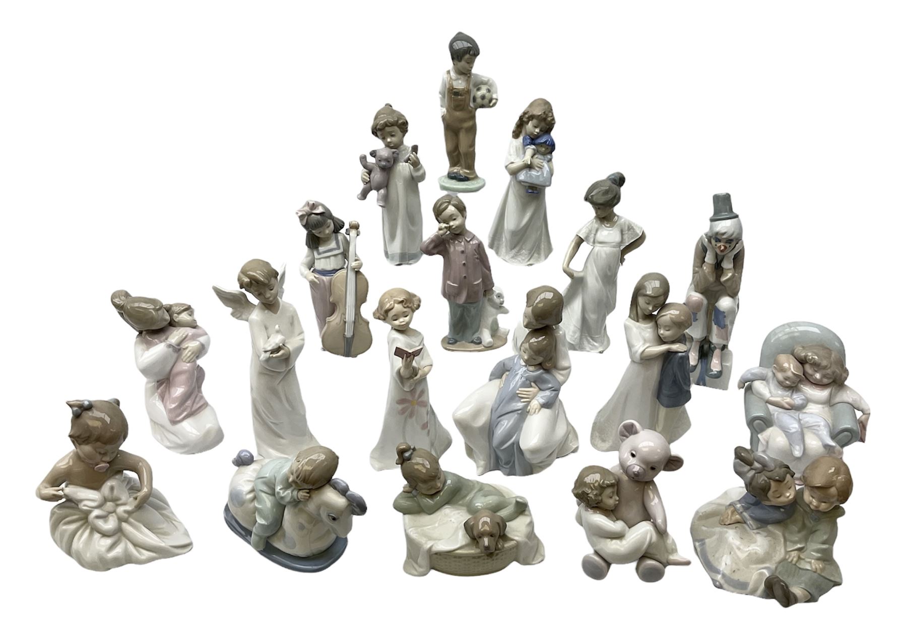 Collection of Nao figures, to include 'Moment with Mummy' no.1429, 'Stories with Grandma' no.1512, 'A Hug of Love' no.1467, together with fourteen further Nao figures and a Cascades clown figure