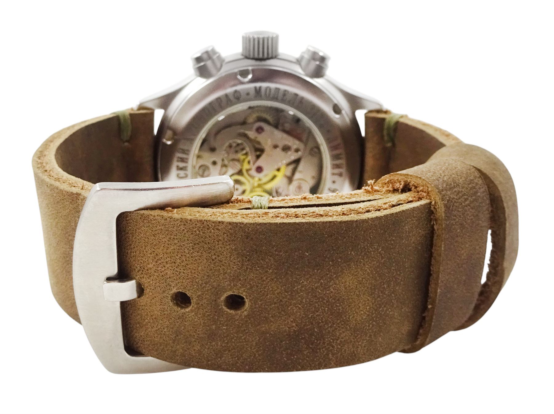 Poljot Sturmanskie gentleman's manual wind chronograph wristwatch, Cal. P3133, silvered dial with Arabic hour markers, black subsidiary dials and skeleton back case, on brown leather strap