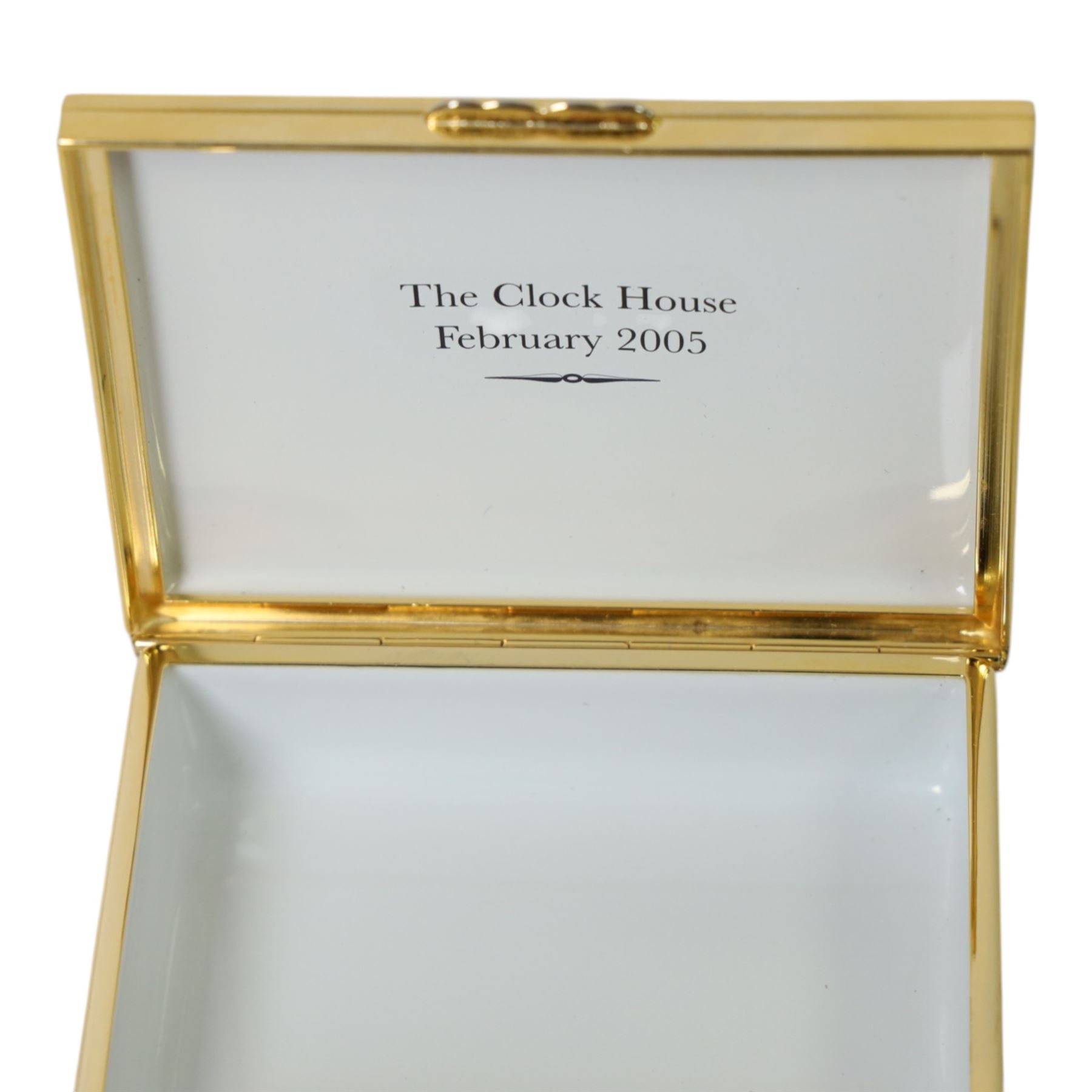 Two Halcyon Days bespoke commissioned enamel pill boxes, painted with 'The Clock House' and 'Polly & Lizzie'