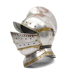 Victorian Royal Artillery officers sword with owners crest and initials, blade length 89cm and a copy of a mediaeval helmet