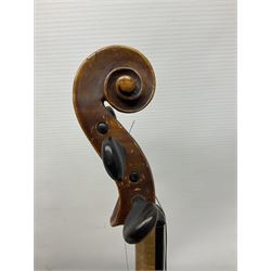 German copy of a Maggini violin c1900 with 35.5cm two-piece maple back and ribs and spruce top, bears label 'Maggini Deutsche Arbeit 1866' L59cm; in carrying case with bow