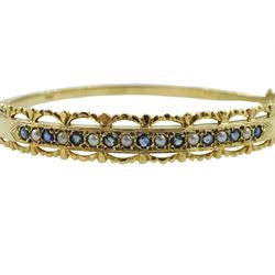 Mid-late 20th century 9ct gold sapphire and split pearl hinged bangle, hallmarked