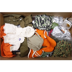  Action Man - quantity of clothing, hats and boots including space suit, weapons and weapon cases, life jacket etc  