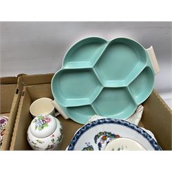 Collection of ceramics to include Bretby jardinière, Royal Worcester, Palissy, Royal Doulton Dickens Ware, Carlton ware, 19th century small dish painted with roses and foliate decoration, lustre, Poole etc in two boxes